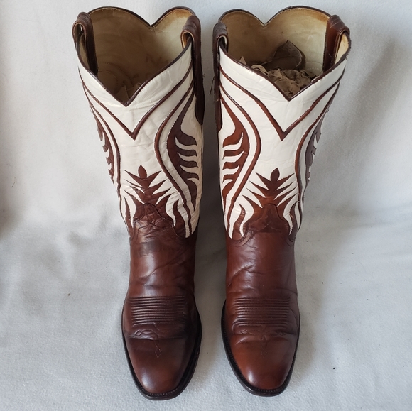 SOLD ❌Vintage Dan Post Western Boots Ivory Custom Shafts Brown Cognac Leather - Picture 3 of 16